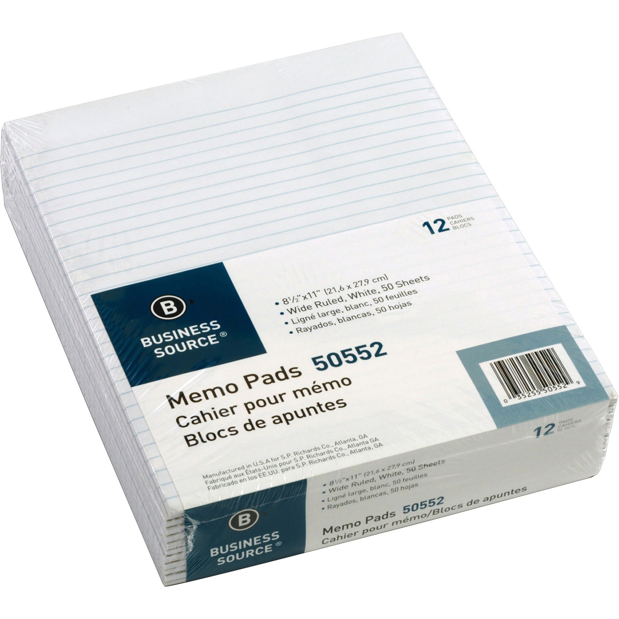 Business Source Glued Top Ruled Memo Pads - Letter - 50 Sheets - Glue - Wide Ruled - 16 lb Basis Weight - Letter - 8 1/2" x 11" - White Paper - 1 Dozen - 