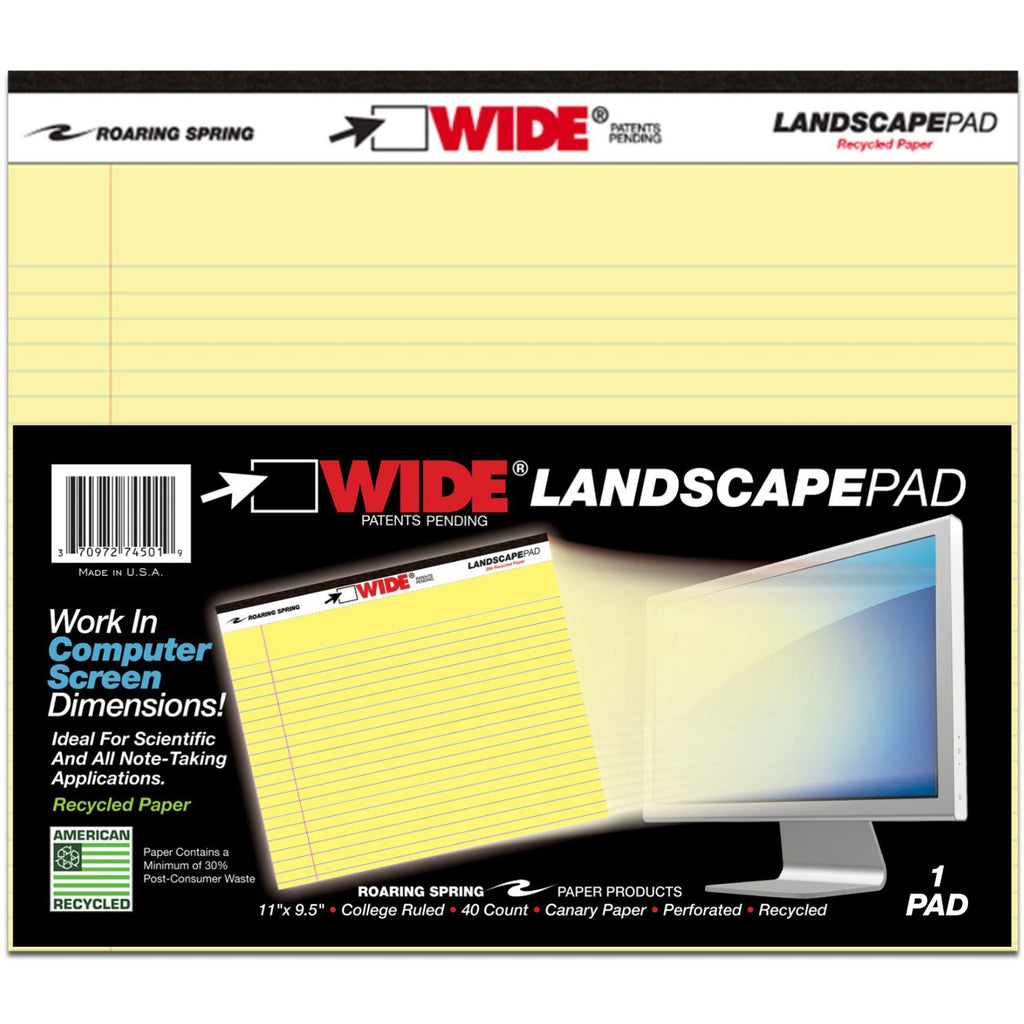 WIDE Landscape Format Writing Pad, Unpunched with Standard Back, Medium/College Rule, 40 Canary-Yellow 11 x 9.5 Sheets