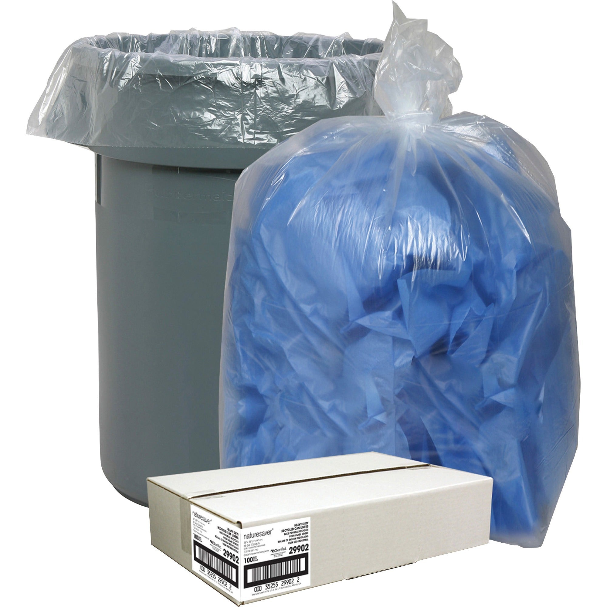 Nature Saver Recycled Trash Can Liners - Extra Large Size - 60 gal Capacity - 38" Width x 58" Length - 1.50 mil (38 Micron) Thickness - Low Density - Clear - 100/Carton - Pilferage Control - Recycled - 