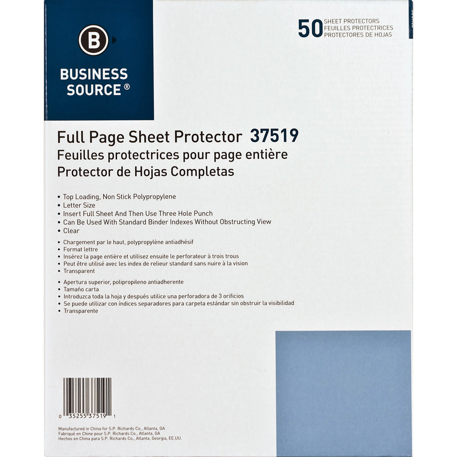 Business Source Full Sheet Top Load Poly Sheet Protectors - 3.1 mil Thickness - For Letter 8 1/2" x 11" Sheet - Rectangular - Clear - Polypropylene - 50 / Box - 