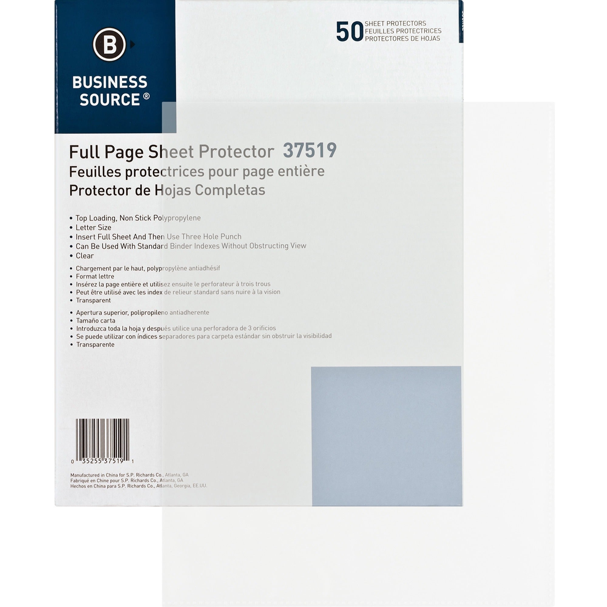 Business Source Full Sheet Top Load Poly Sheet Protectors - 3.1 mil Thickness - For Letter 8 1/2" x 11" Sheet - Rectangular - Clear - Polypropylene - 50 / Box - 