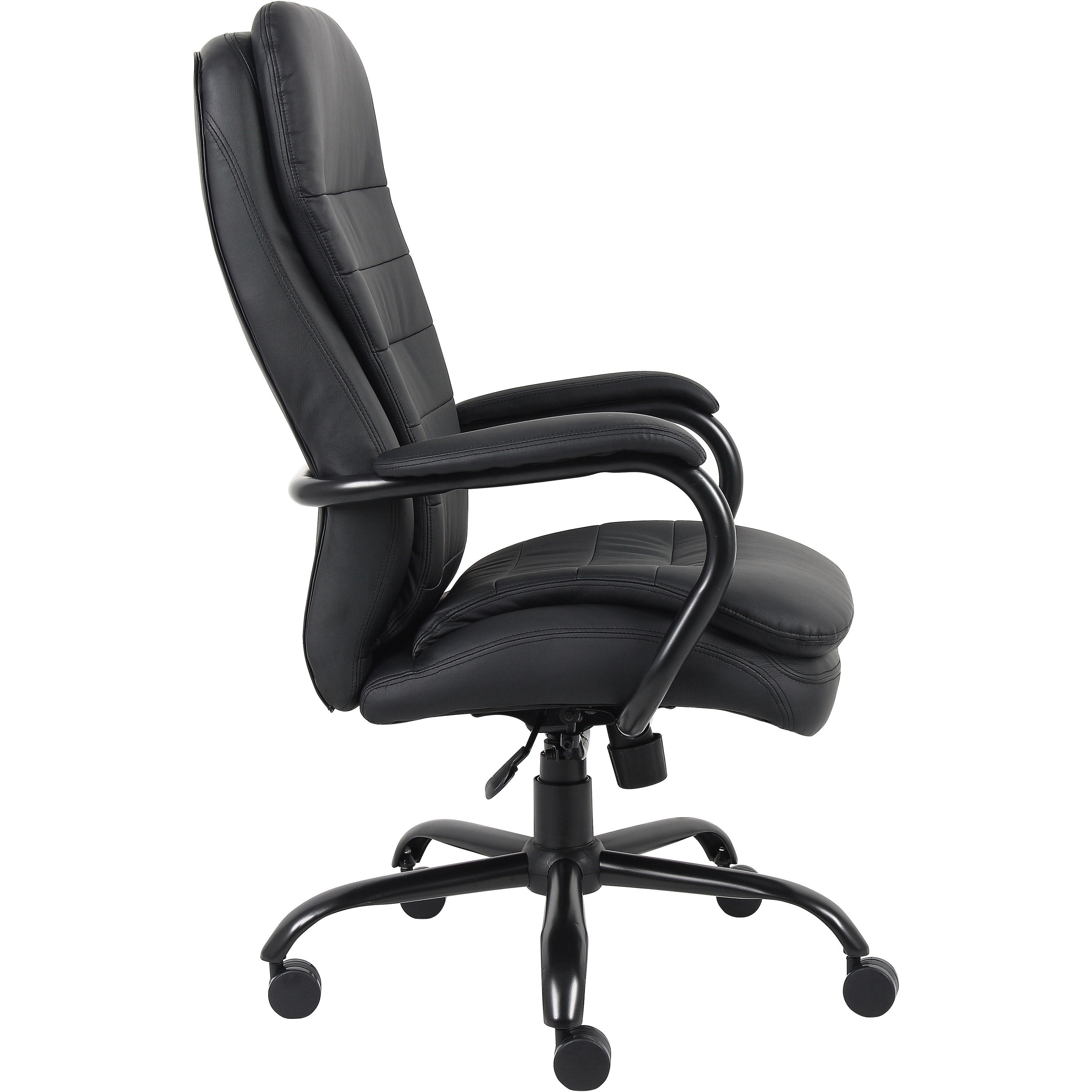 Lorell Big & Tall Double Cushion Executive High-Back Chair - Black Leather Seat - Black Leather Back - 5-star Base - Black - 1 Each - 