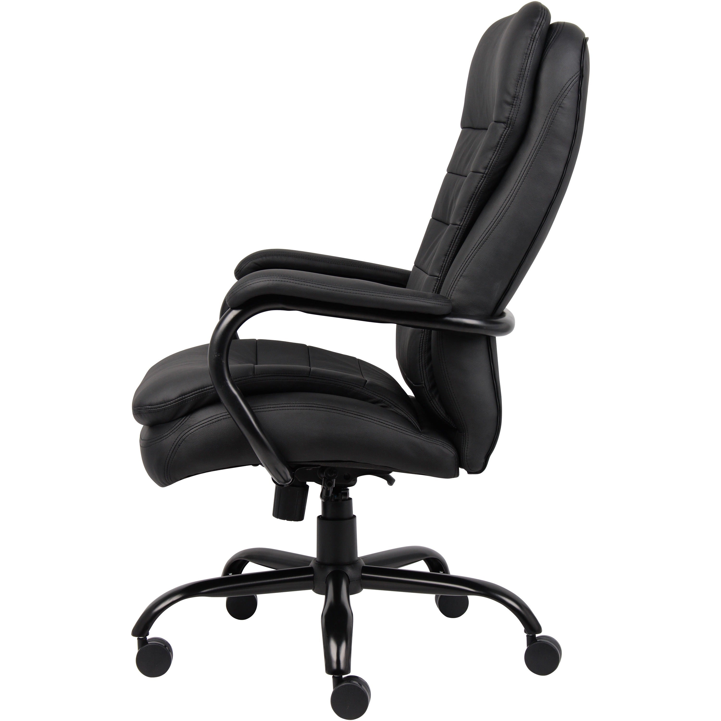 Lorell Big & Tall Double Cushion Executive High-Back Chair - Black Leather Seat - Black Leather Back - 5-star Base - Black - 1 Each - 