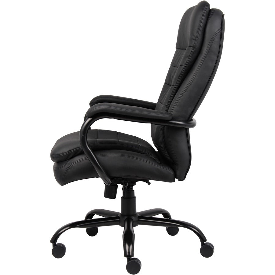 Lorell Big & Tall Double Cushion Executive High-Back Chair - Black Leather Seat - Black Leather Back - 5-star Base - Black - 1 Each
