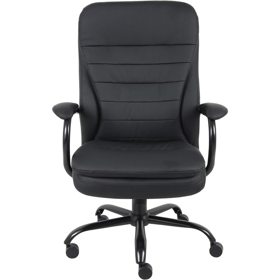Lorell Big & Tall Double Cushion Executive High-Back Chair - Black Leather Seat - Black Leather Back - 5-star Base - Black - 1 Each