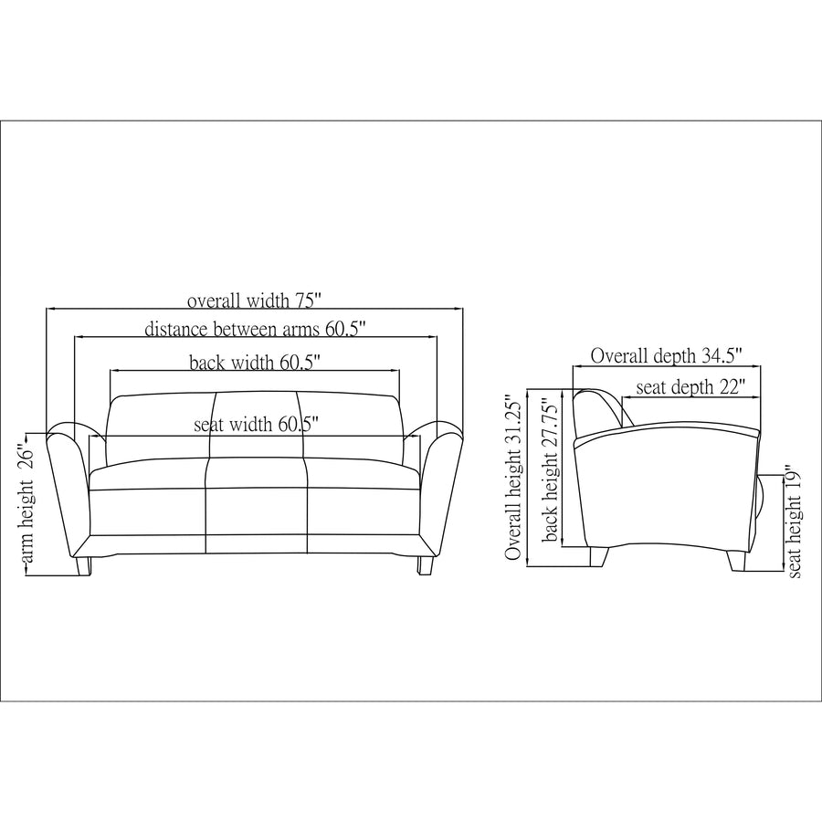 Lorell Accession Reception Sofa - 75" x 34.5" x 31.3" - Leather Black Seat - Leather Black Back - 1 Each - 