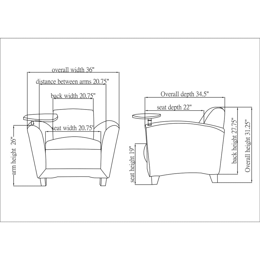 Lorell Accession Club Chair with Tablet Tray - Black Leather Seat - Four-legged Base - 1 Each