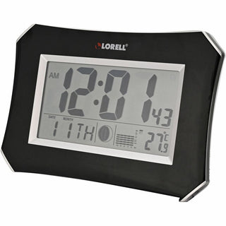 Lorell LCD Wall/Alarm Clock - Digital - Quartz - LCD - Black Main Dial - Silver/Plastic Case