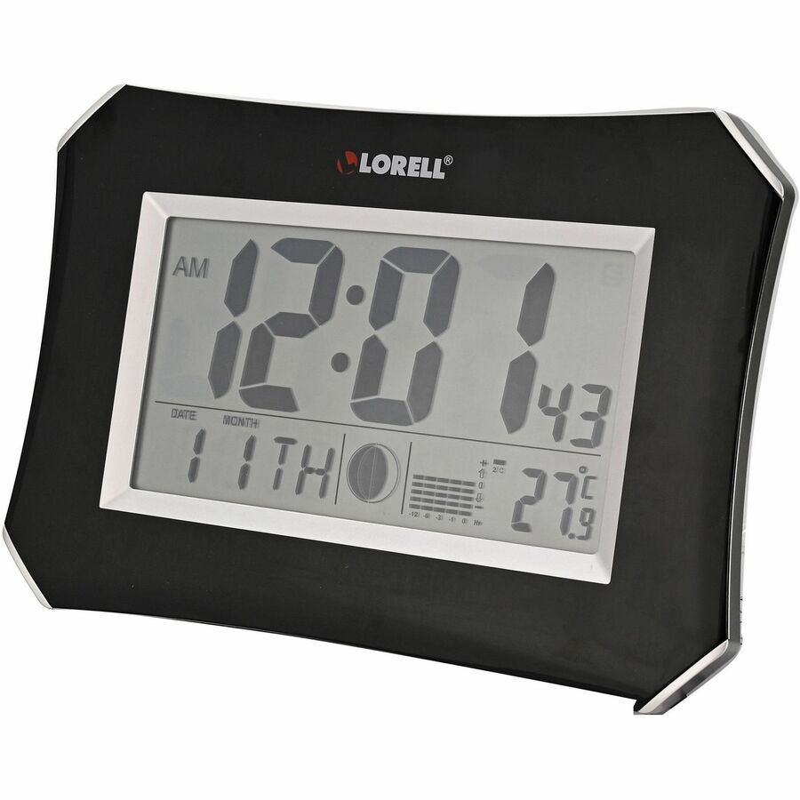 Lorell LCD Wall/Alarm Clock - Digital - Quartz - LCD - Black Main Dial - Silver/Plastic Case