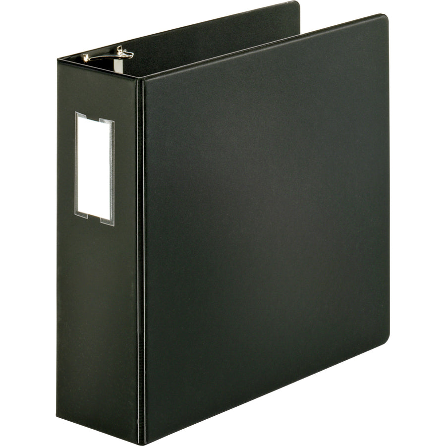 Business Source Slanted D-ring Binders - 4" Binder Capacity - 3 x D-Ring Fastener(s) - 2 Internal Pocket(s) - Chipboard, Polypropylene - Black - PVC-free, Non-stick, Spine Label, Gap-free Ring, Non-glare, Heavy Duty, Open and Closed Triggers - 1 Each - 