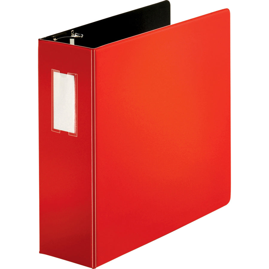 Business Source Slanted D-ring Binders - 4" Binder Capacity - 3 x D-Ring Fastener(s) - 2 Internal Pocket(s) - Chipboard, Polypropylene - Red - PVC-free, Non-stick, Label Holder, Gap-free Ring, Non-glare, Heavy Duty, Open and Closed Triggers, Durable - 