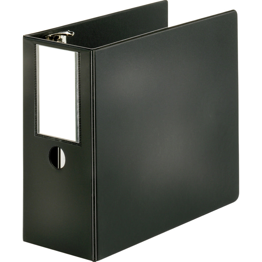 Business Source Slanted D-ring Binders - 5" Binder Capacity - Letter - 8 1/2" x 11" Sheet Size - 3 x D-Ring Fastener(s) - 2 Internal Pocket(s) - Chipboard, Polypropylene - Black - PVC-free, Non-stick, Spine Label, Gap-free Ring, Non-glare, Heavy Duty - 