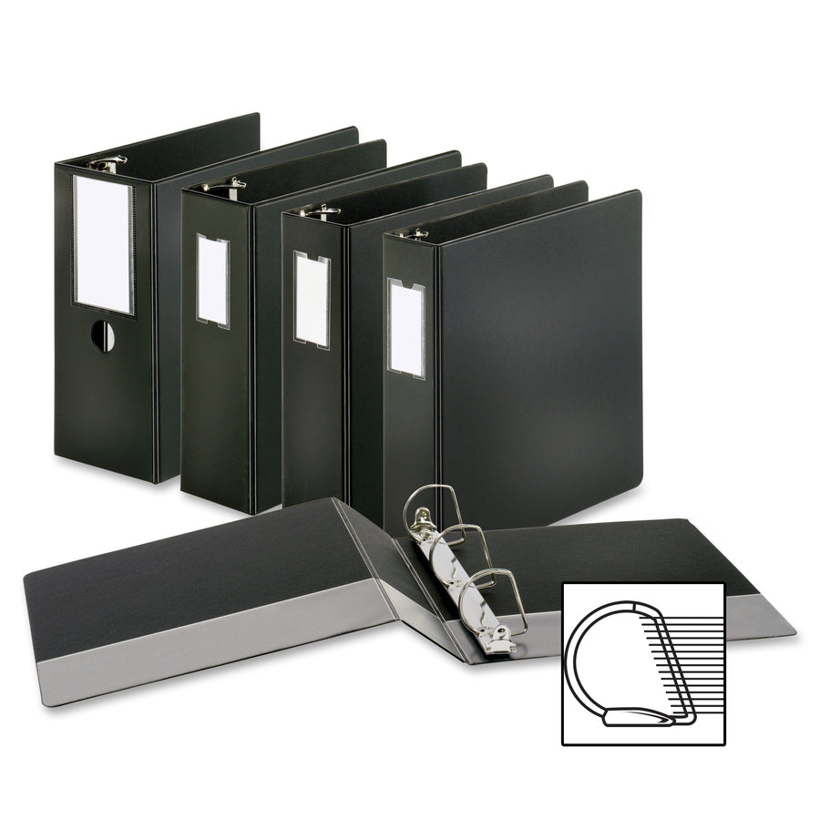 Business Source Slanted D-ring Binders - 5" Binder Capacity - Letter - 8 1/2" x 11" Sheet Size - 3 x D-Ring Fastener(s) - 2 Internal Pocket(s) - Chipboard, Polypropylene - Black - PVC-free, Non-stick, Spine Label, Gap-free Ring, Non-glare, Heavy Duty - 