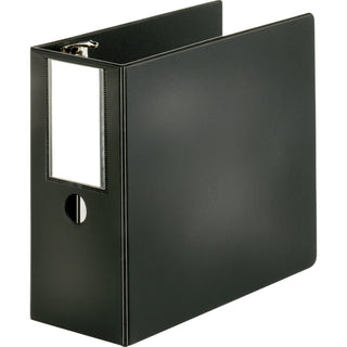 Business Source Slanted D-ring Binders - 5" Binder Capacity - Letter - 8 1/2" x 11" Sheet Size - 3 x D-Ring Fastener(s) - 2 Internal Pocket(s) - Chipboard, Polypropylene - Black - PVC-free, Non-stick, Spine Label, Gap-free Ring, Non-glare, Heavy Duty