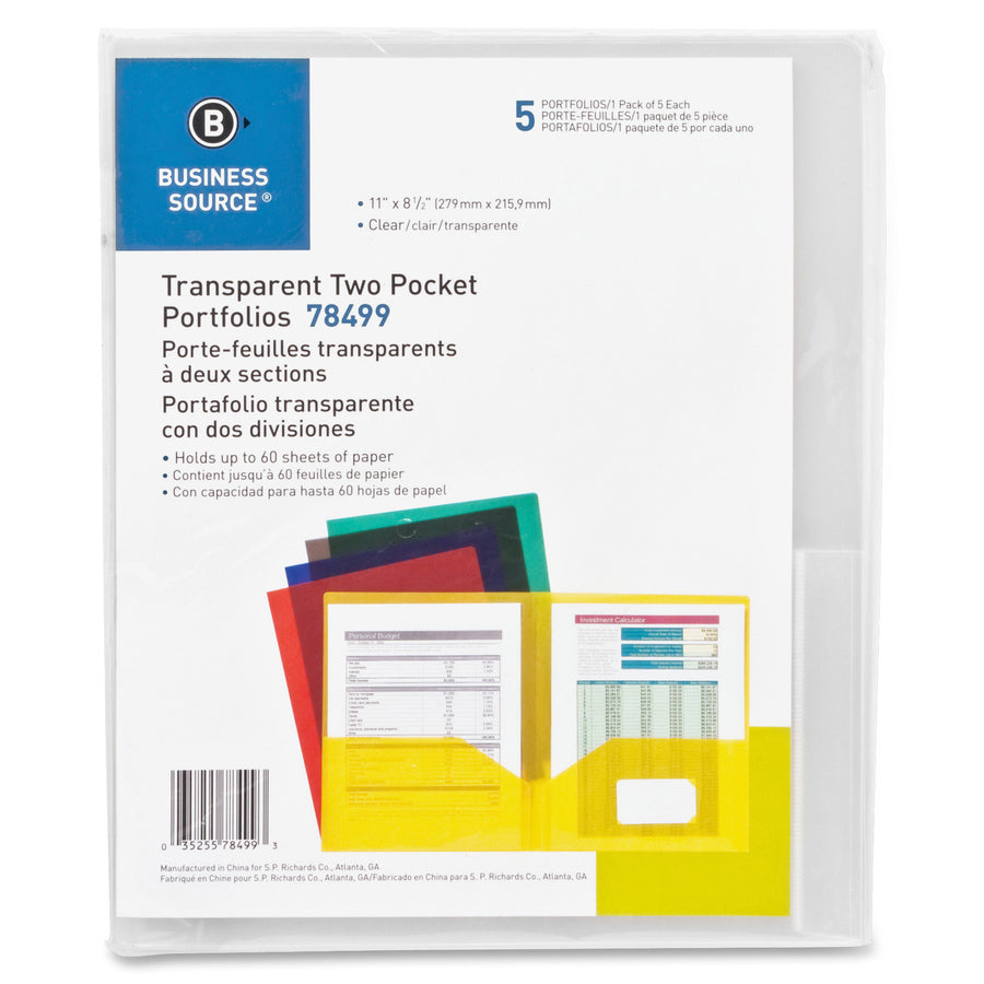 Business Source 78498 Letter Pocket Folder - 8 1/2" x 11" - 60 Sheet Capacity - 2 Pocket(s) - Poly - Clear - 5 / Pack - 