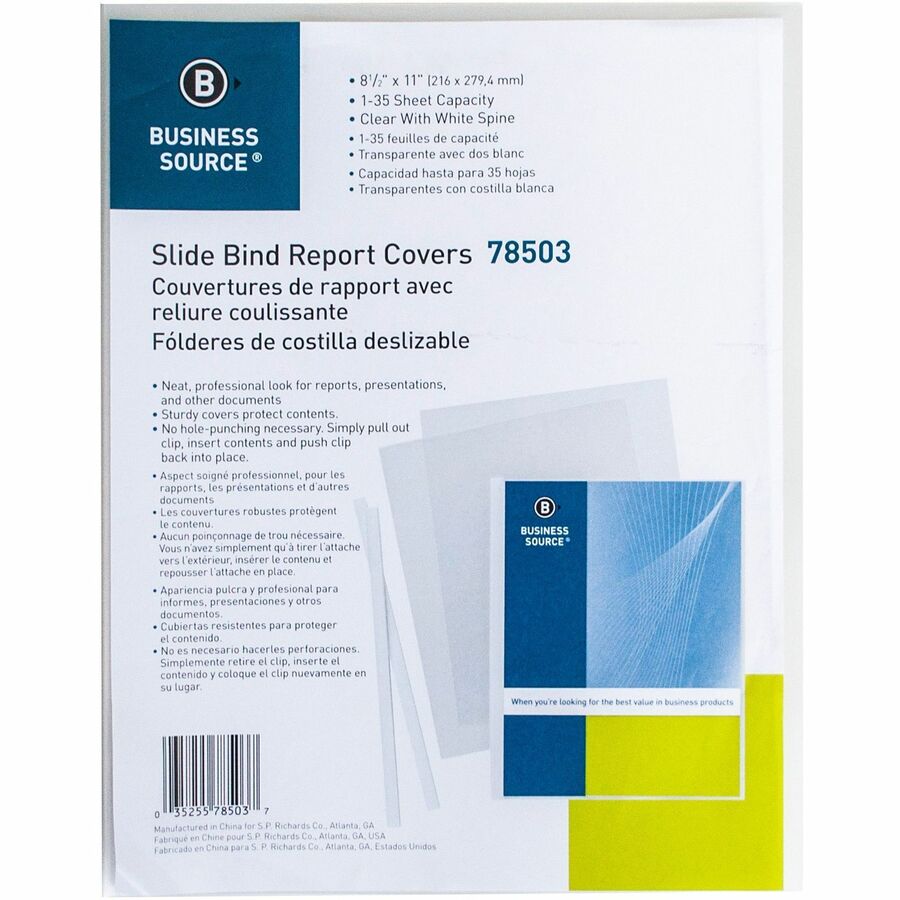 Business Source Report Cover - 1/8" Folder Capacity - 8 1/8" x 11" - Polypropylene - White - 50 / Box