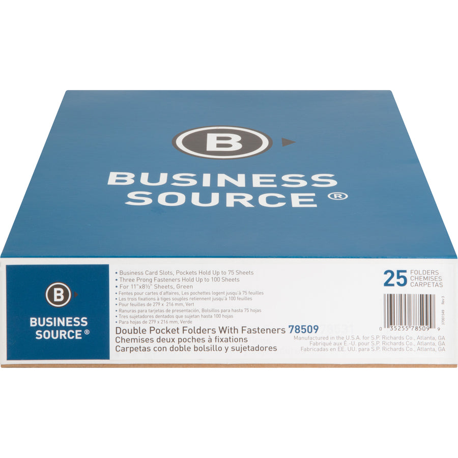 Business Source Letter Recycled Pocket Folder - 8 1/2" x 11" - 100 Sheet Capacity - 3 x Prong Fastener(s) - 1/2" Fastener Capacity - 2 Inside Front & Back Pocket(s) - Leatherette - Green - 35% Recycled - 25 / Box - 
