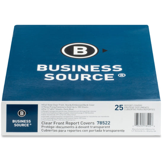 Business Source Letter Report Cover - 8 1/2" x 11" - 100 Sheet Capacity - 3 x Prong Fastener(s) - Clear, Dark Blue - 25 / Box - 