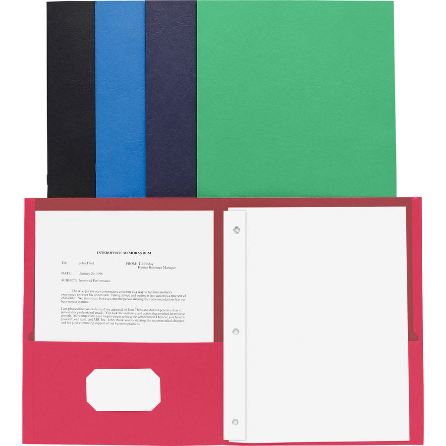 Business Source Letter Recycled Pocket Folder - 8 1/2" x 11" - 100 Sheet Capacity - 3 x Prong Fastener(s) - 2 Inside Front & Back Pocket(s) - Leatherette - Assorted - 35% Recycled - 25 / Box - 