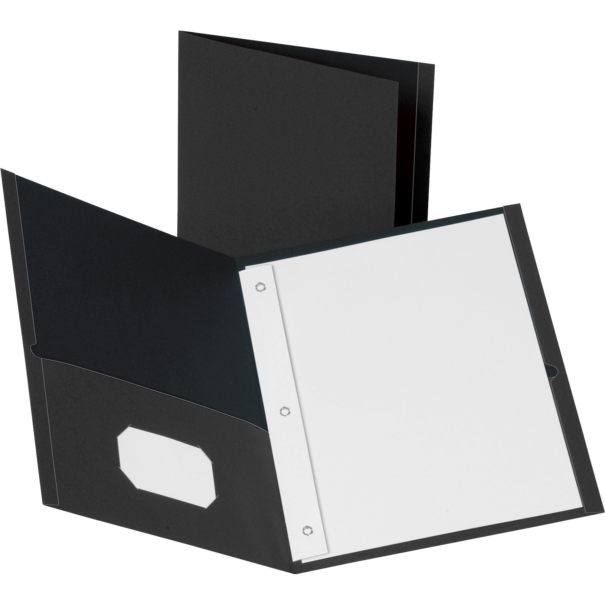 Business Source Letter Recycled Pocket Folder - 8 1/2" x 11" - 100 Sheet Capacity - 3 x Prong Fastener(s) - 2 Inside Front & Back Pocket(s) - Leatherette - Black - 35% Recycled - 25 / Box - 
