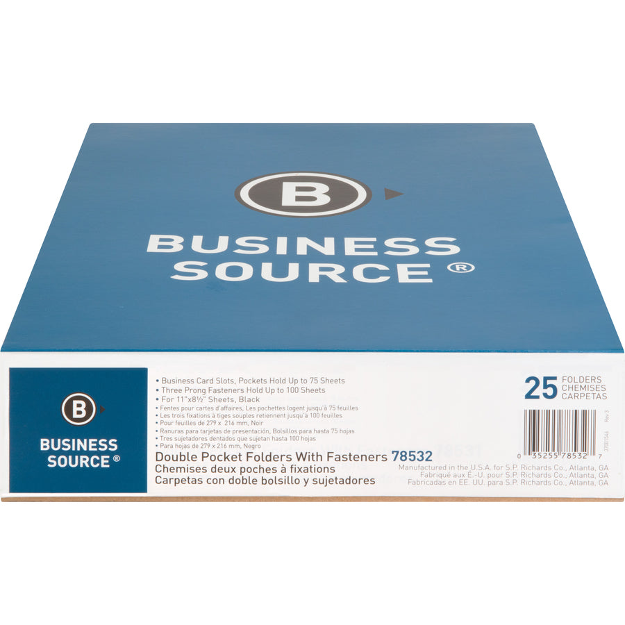 Business Source Letter Recycled Pocket Folder - 8 1/2" x 11" - 100 Sheet Capacity - 3 x Prong Fastener(s) - 2 Inside Front & Back Pocket(s) - Leatherette - Black - 35% Recycled - 25 / Box - 