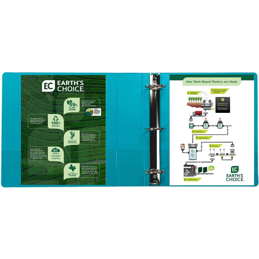 Earths Choice Plant-Based Durable Fashion View Binder, 3 Rings, 2" Capacity, 11 x 8.5, Turquoise, 2/Pack