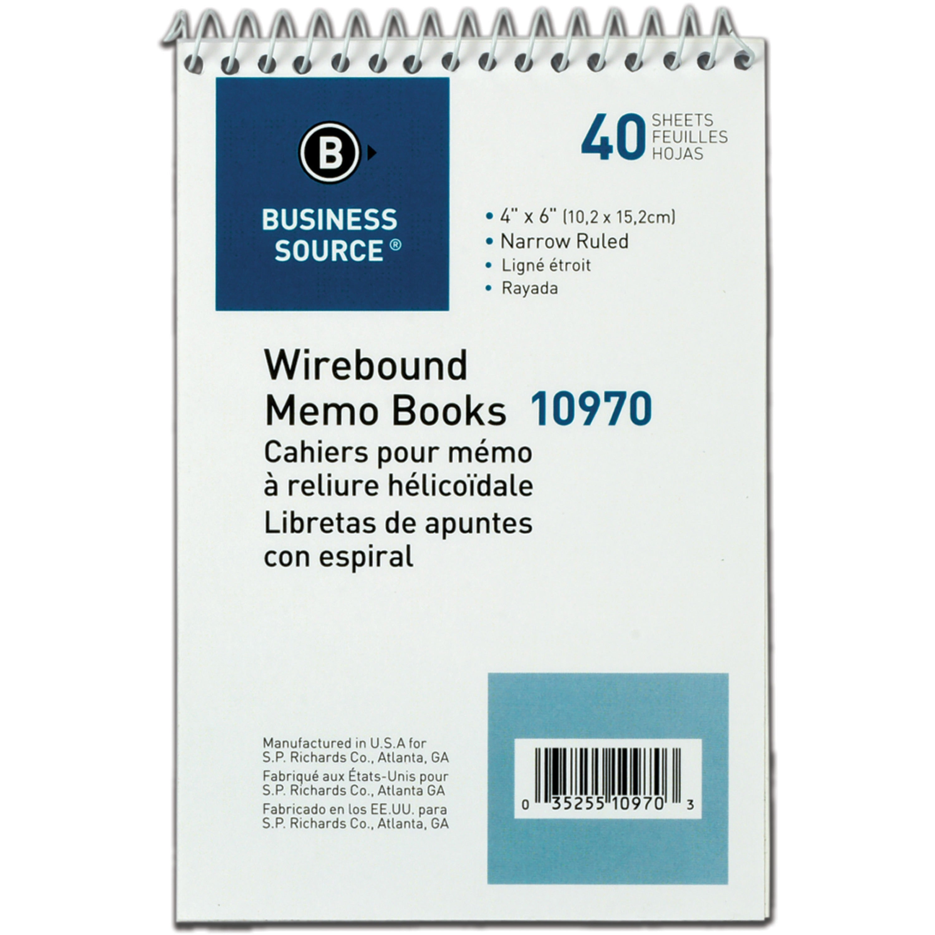 Business Source Wirebound Memo Books - 40 Sheet(s) - Wire Bound - 4" x 6" Sheet Size - White - White Sheet(s) - 1 Dozen - 