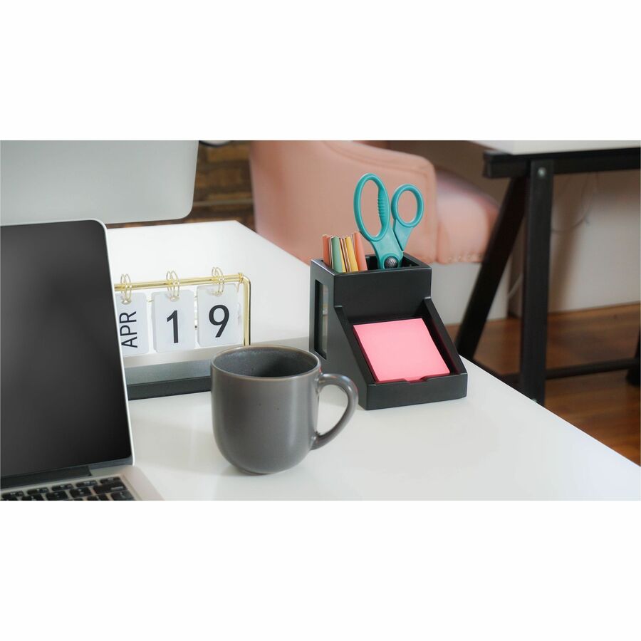 Victor 9505-5 Midnight Black Pencil Cup with Note Holder - 4.4" x 5.6" x 3.9" - Wood, Glass - 1 Each - Black