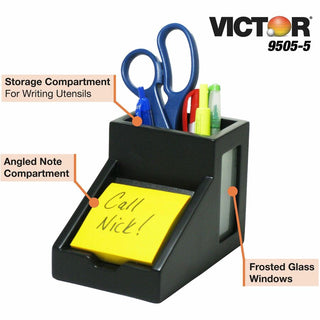 Victor 9505-5 Midnight Black Pencil Cup with Note Holder - 4.4" x 5.6" x 3.9" - Wood, Glass - 1 Each - Black