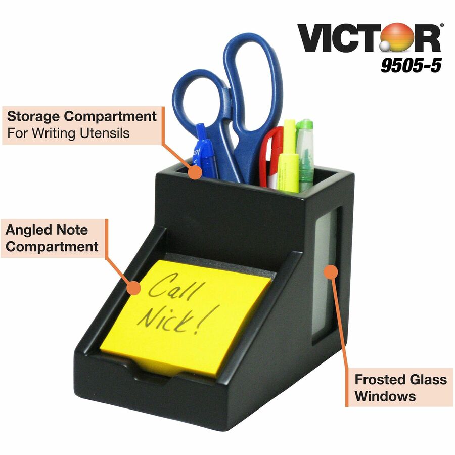 Victor 9505-5 Midnight Black Pencil Cup with Note Holder - 4.4" x 5.6" x 3.9" - Wood, Glass - 1 Each - Black
