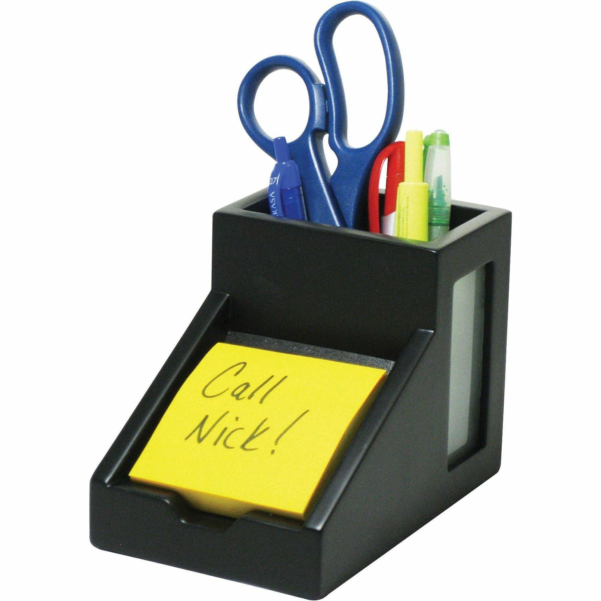 Victor 9505-5 Midnight Black Pencil Cup with Note Holder - 4.4" x 5.6" x 3.9" - Wood, Glass - 1 Each - Black - 