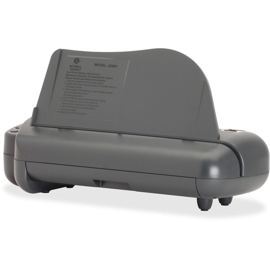 Business Source Electric Adjustable 3-hole Punch - 3 Punch Head(s) - 30 Sheet of 20lb Paper - 1/4" Punch Size - 17.8" x 5.3" x 8.3" - Gray