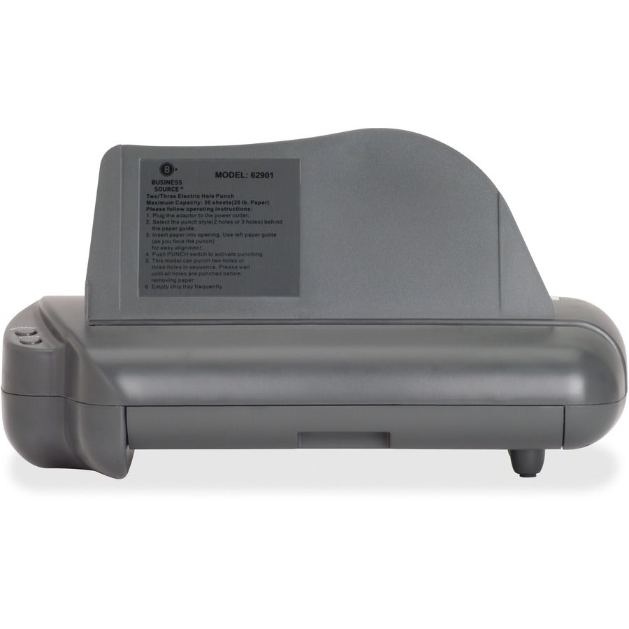 Business Source Electric Adjustable 3-hole Punch - 3 Punch Head(s) - 30 Sheet of 20lb Paper - 1/4" Punch Size - 17.8" x 5.3" x 8.3" - Gray