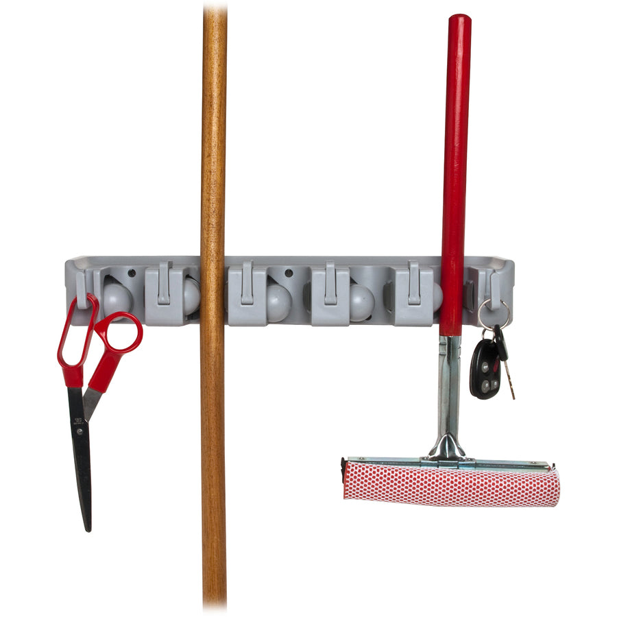 genuine-joe-cleaning-tool-wall-organizer-rack-5-x-broom-38-height-x-165-width-x-28-depth-handle-hanging-hook-sturdy-gray-abs-plastic-1-each_gjo12504 - 3