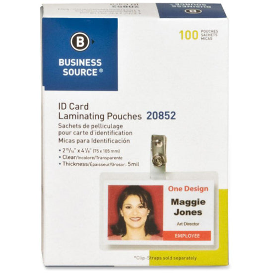 Business Source Government ID Laminating Pouches - Laminating Pouch/Sheet Size: 2.94" Width x 4.13" Length x 5 mil Thickness - for Photo, ID Badge, Recipe - Pre-trimmed - Clear - 100 / Box - 