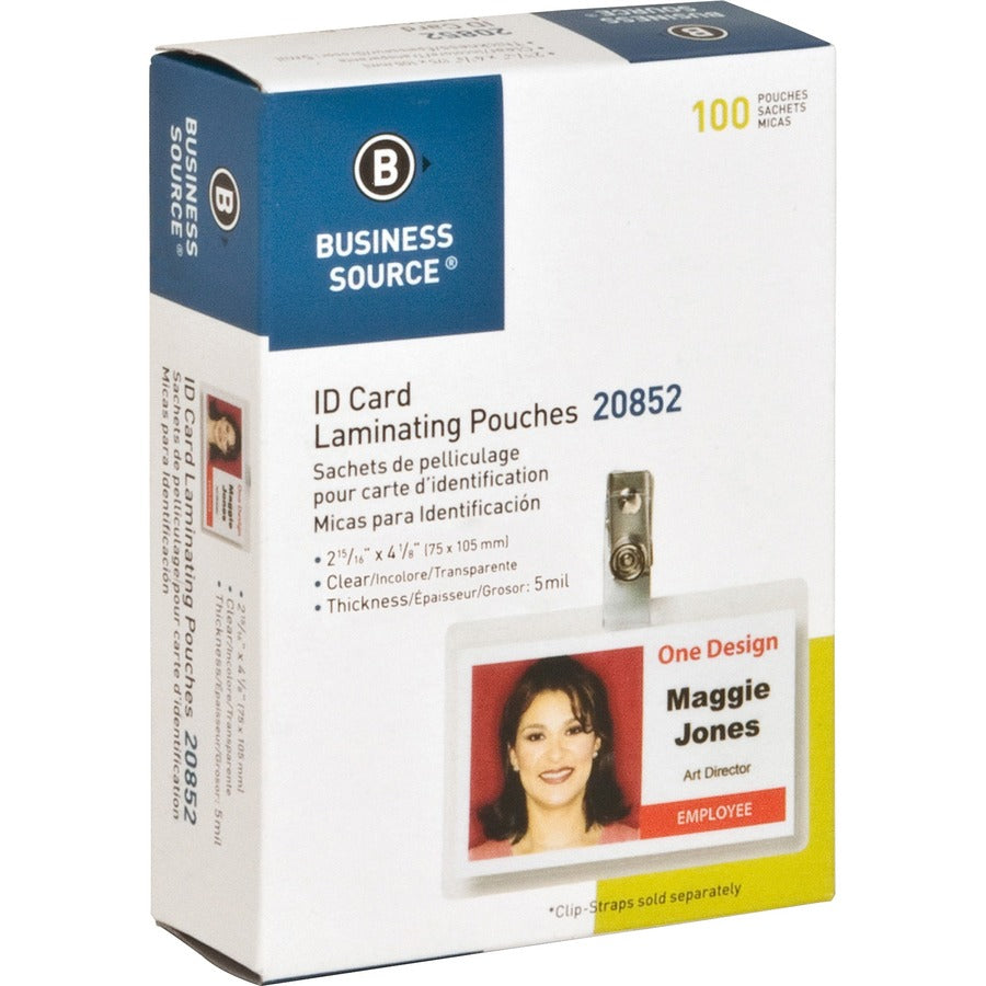 Business Source Government ID Laminating Pouches - Laminating Pouch/Sheet Size: 2.94" Width x 4.13" Length x 5 mil Thickness - for Photo, ID Badge, Recipe - Pre-trimmed - Clear - 100 / Box