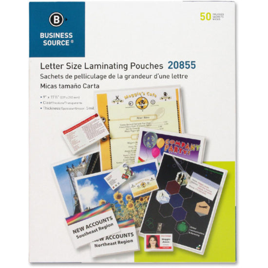 Business Source Letter Size Laminating Pouches - Sheet Size Supported: Letter 8.50" Width x 11" Length - Laminating Pouch/Sheet Size: 9" Width x 11.50" Length x 5 mil Thickness - for Photo, Document, ID Badge, Recipe - Pre-trimmed - Clear - 50 / Box - 