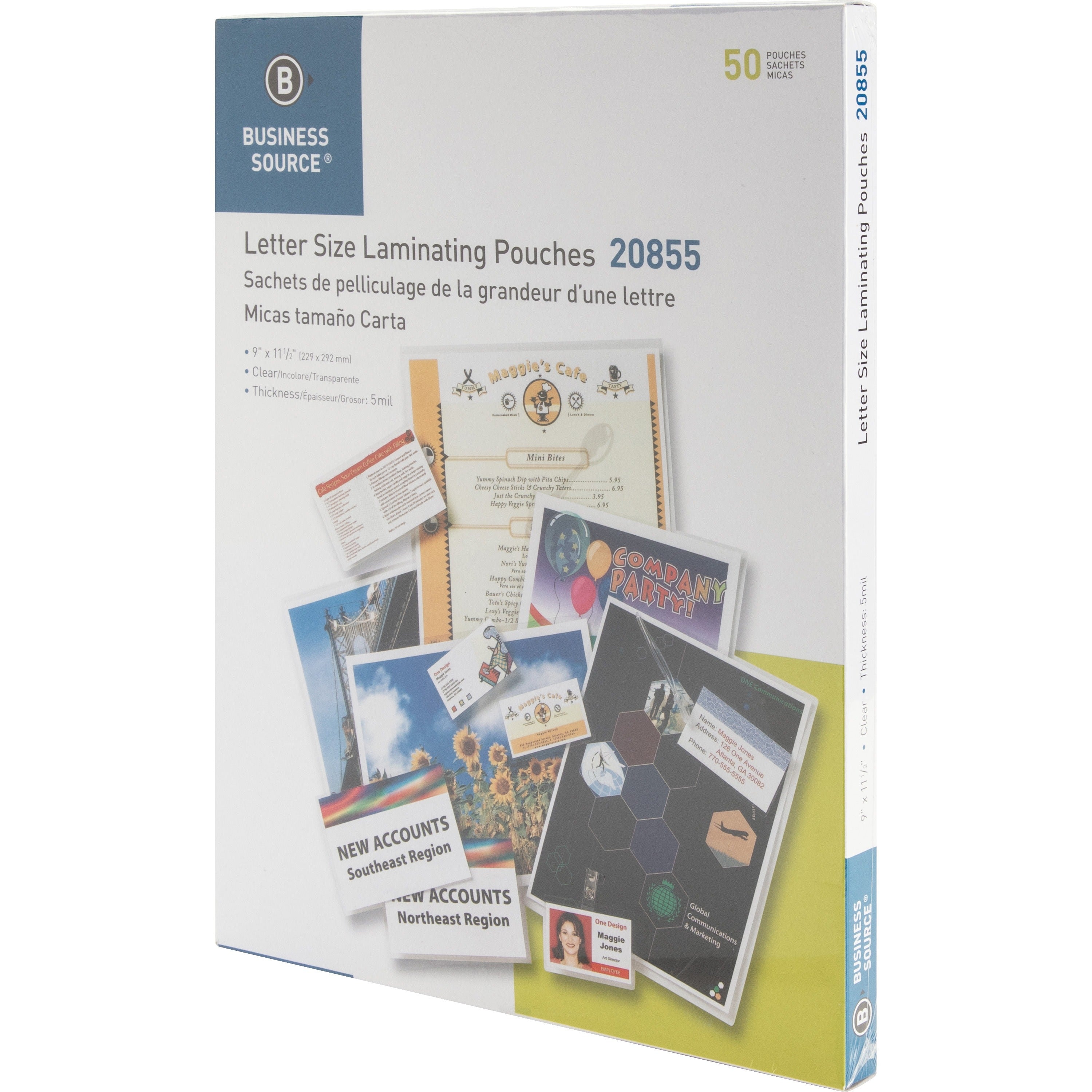Business Source Letter Size Laminating Pouches - Sheet Size Supported: Letter 8.50" Width x 11" Length - Laminating Pouch/Sheet Size: 9" Width x 11.50" Length x 5 mil Thickness - for Photo, Document, ID Badge, Recipe - Pre-trimmed - Clear - 50 / Box - 