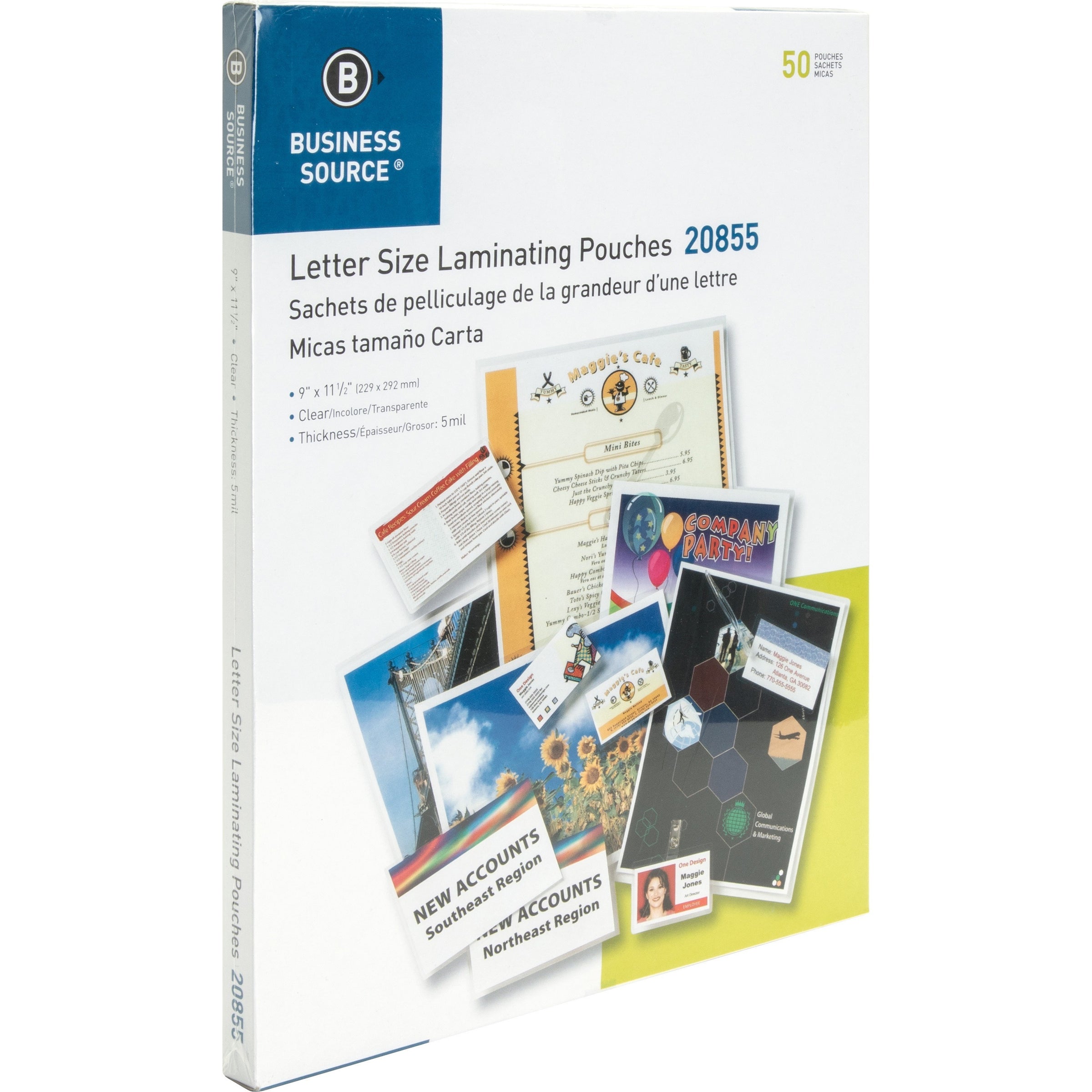 Business Source Letter Size Laminating Pouches - Sheet Size Supported: Letter 8.50" Width x 11" Length - Laminating Pouch/Sheet Size: 9" Width x 11.50" Length x 5 mil Thickness - for Photo, Document, ID Badge, Recipe - Pre-trimmed - Clear - 50 / Box - 