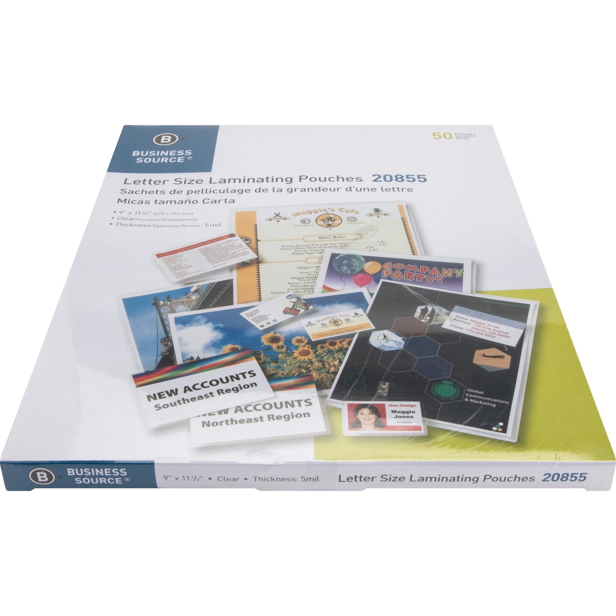 Business Source Letter Size Laminating Pouches - Sheet Size Supported: Letter 8.50" Width x 11" Length - Laminating Pouch/Sheet Size: 9" Width x 11.50" Length x 5 mil Thickness - for Photo, Document, ID Badge, Recipe - Pre-trimmed - Clear - 50 / Box - 