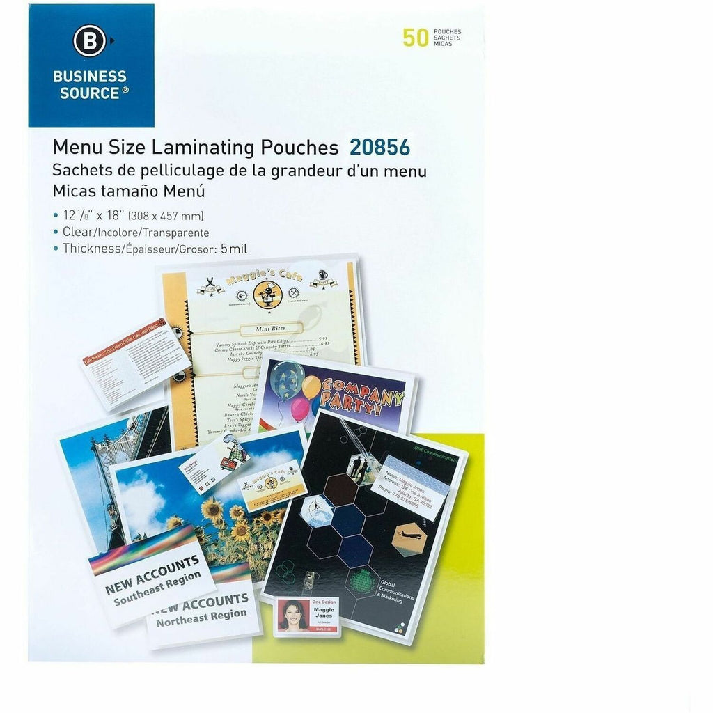 Business Source 5 mil Menu-size Laminating Pouches - Laminating Pouch/Sheet Size: 12.13" Width x 18" Length x 5 mil Thickness - for Document, ID Badge, Photo, Recipe, Recipe Card - Pre-trimmed - Clear - 50 / Box