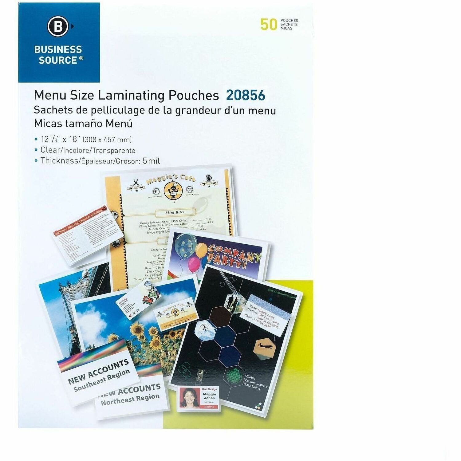 Business Source 5 mil Menu-size Laminating Pouches - Laminating Pouch/Sheet Size: 12.13" Width x 18" Length x 5 mil Thickness - for Document, ID Badge, Photo, Recipe, Recipe Card - Pre-trimmed - Clear - 50 / Box