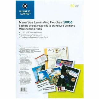 Business Source 5 mil Menu-size Laminating Pouches - Laminating Pouch/Sheet Size: 12.13" Width x 18" Length x 5 mil Thickness - for Document, ID Badge, Photo, Recipe, Recipe Card - Pre-trimmed - Clear - 50 / Box