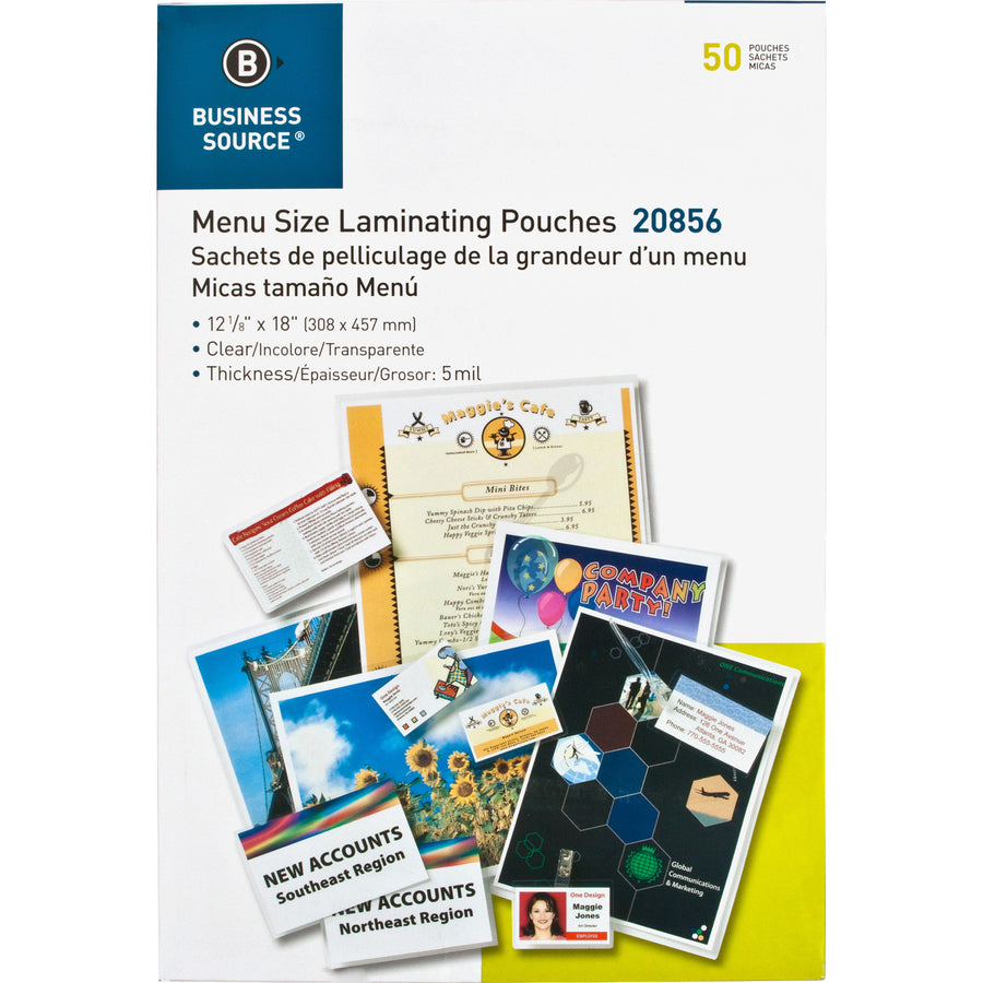 Business Source 5 mil Menu-size Laminating Pouches - Laminating Pouch/Sheet Size: 12.13" Width x 18" Length x 5 mil Thickness - for Document, ID Badge, Photo, Recipe, Recipe Card - Pre-trimmed - Clear - 50 / Box - 