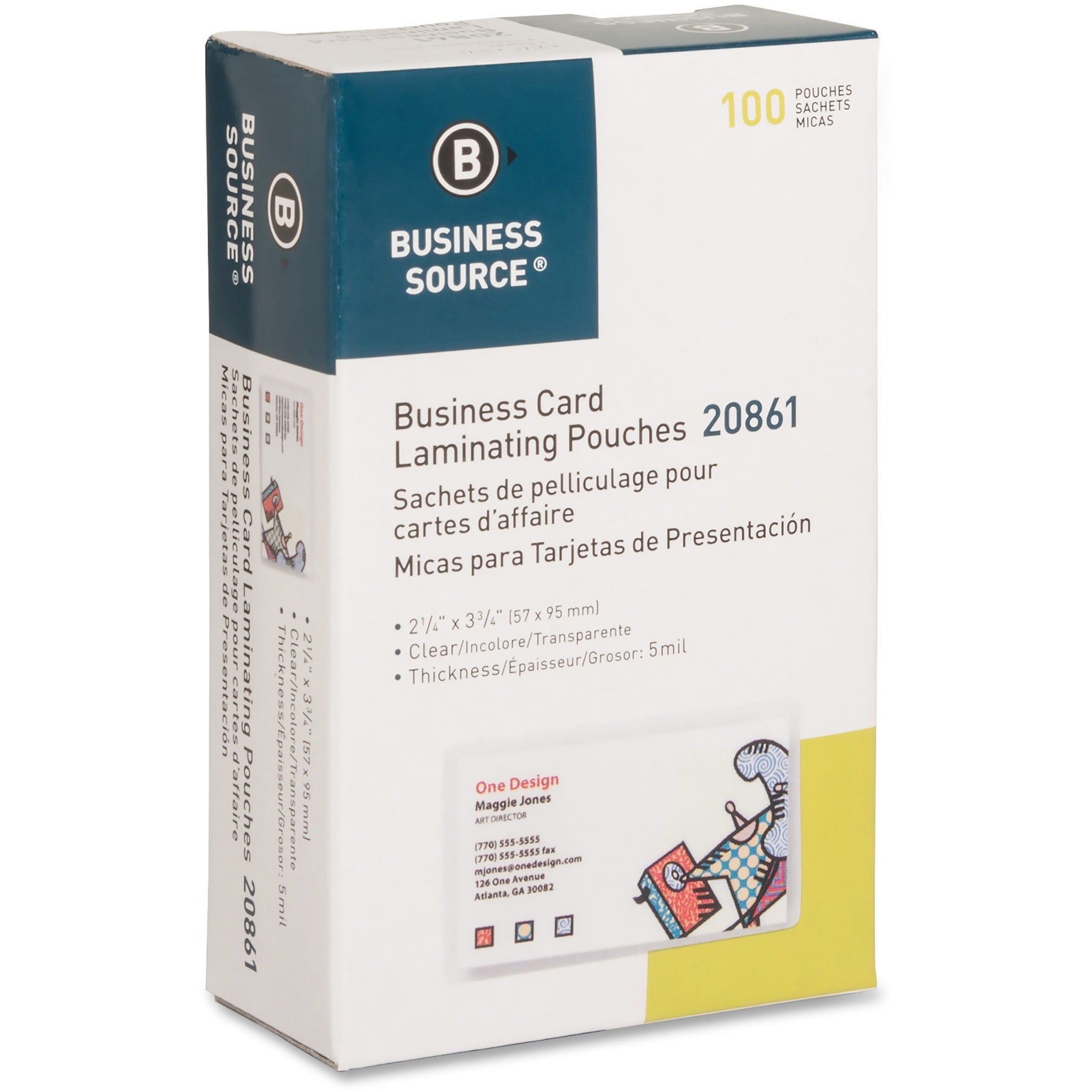 Business Source 5 mil Business Card Laminating Pouches - Laminating Pouch/Sheet Size: 2.25" Width x 3.75" Length x 5 mil Thickness - for Business Card - Pre-trimmed, Moisture Resistant, Fade Resistant - Clear - 100 / Box - 