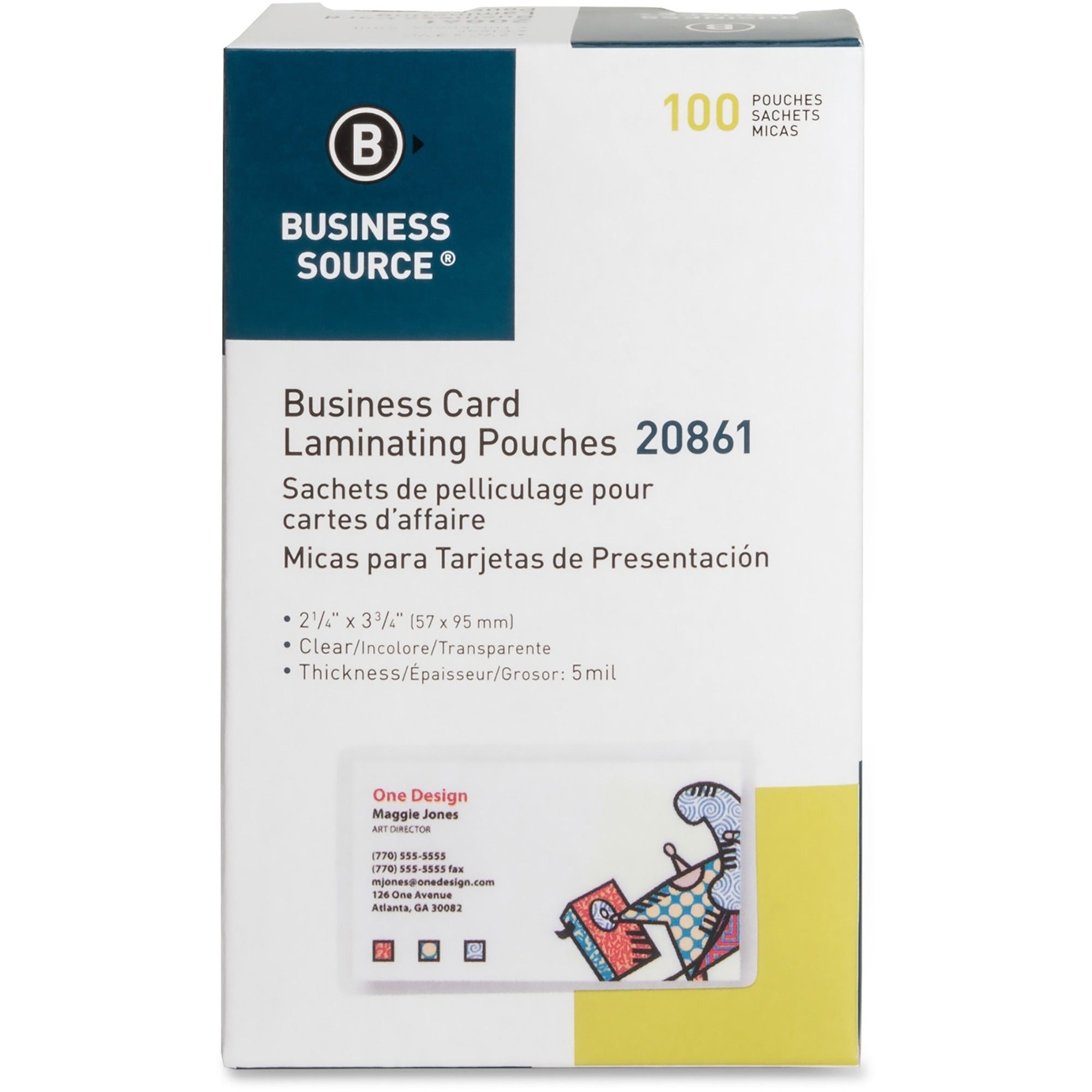 Business Source 5 mil Business Card Laminating Pouches - Laminating Pouch/Sheet Size: 2.25" Width x 3.75" Length x 5 mil Thickness - for Business Card - Pre-trimmed, Moisture Resistant, Fade Resistant - Clear - 100 / Box - 
