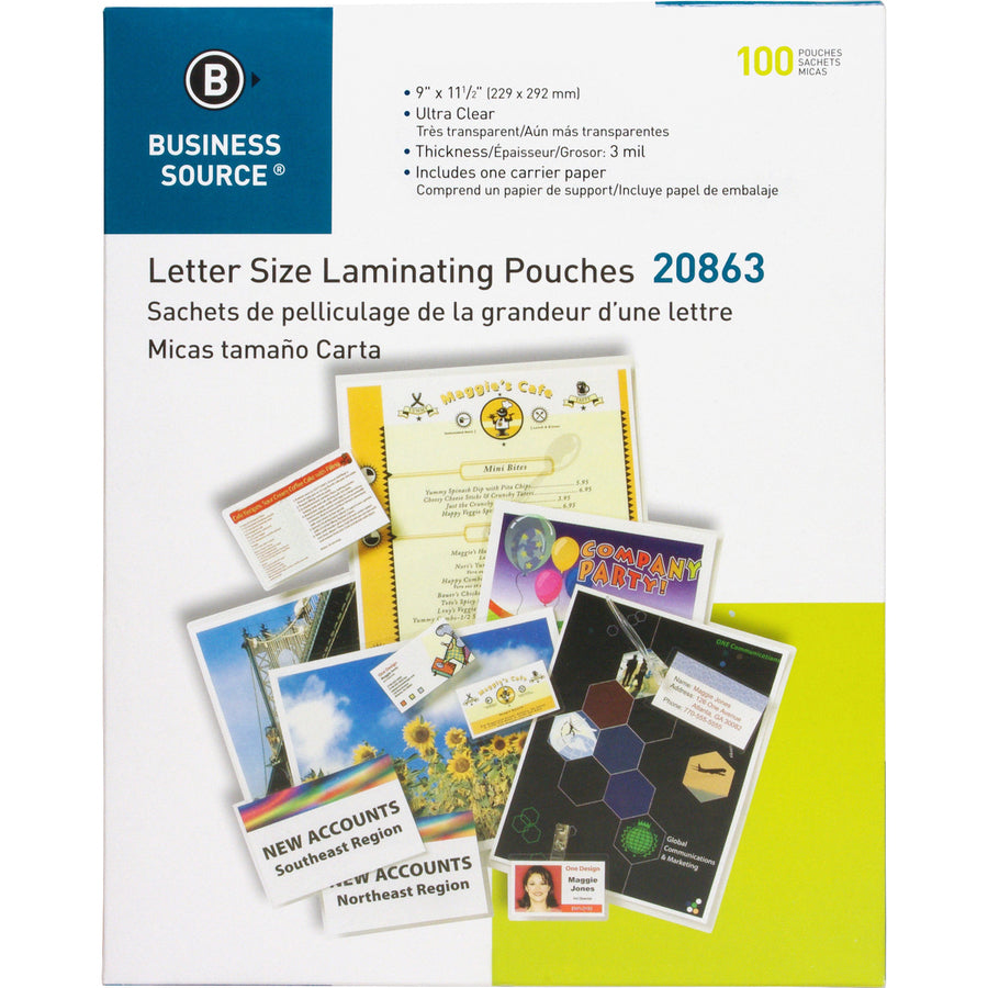 Business Source Letter Size Laminating Pouches - Sealed Long Side - Laminating Pouch/Sheet Size: 9" Width x 11.50" Length x 3 mil Thickness - for Document, ID Badge, Menu, Photo - Clear - 100 / Box - 