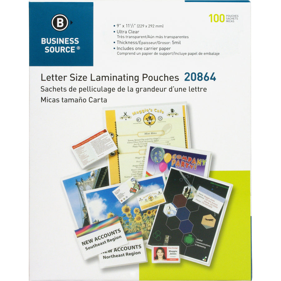 Business Source Laminating Pouches - Sheet Size Supported: Letter 8.50" Width x 11" Length - Laminating Pouch/Sheet Size: 9" Width x 11.50" Length x 5 mil Thickness - for Document, ID Badge, Photo, Recipe - Clear - 100 / Box - 