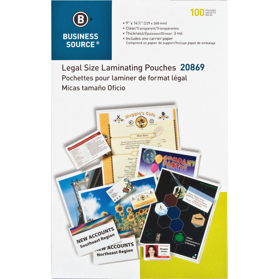 Business Source 3 mil Legal-Size Laminating Pouches - Laminating Pouch/Sheet Size: 9" Width x 14.50" Length x 3 mil Thickness - for Document, ID Badge, Photo, Menu - Clear - 100 / Box - 