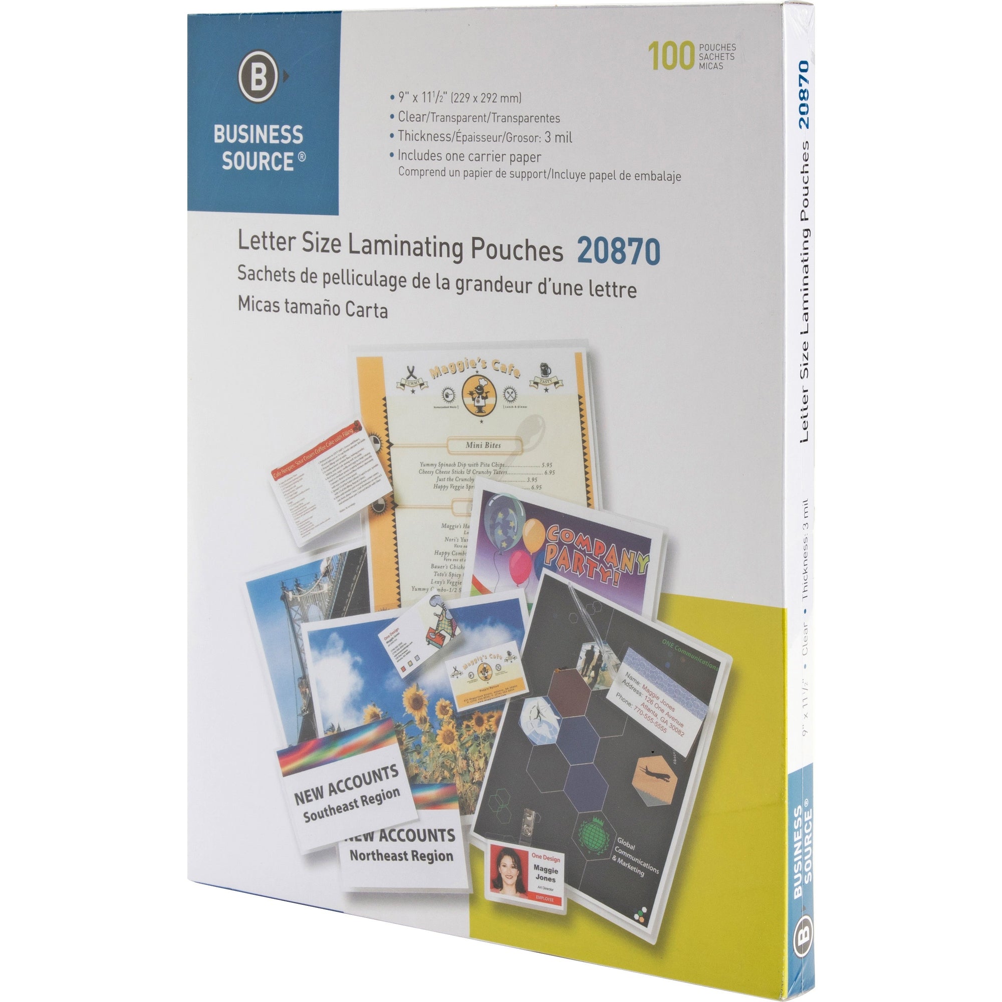 Business Source Letter Size Laminating Pouches - Laminating Pouch/Sheet Size: 9" Width x 11.50" Length x 3 mil Thickness - for Document, ID Badge, Menu, Photo - Clear - 100 / Box - 